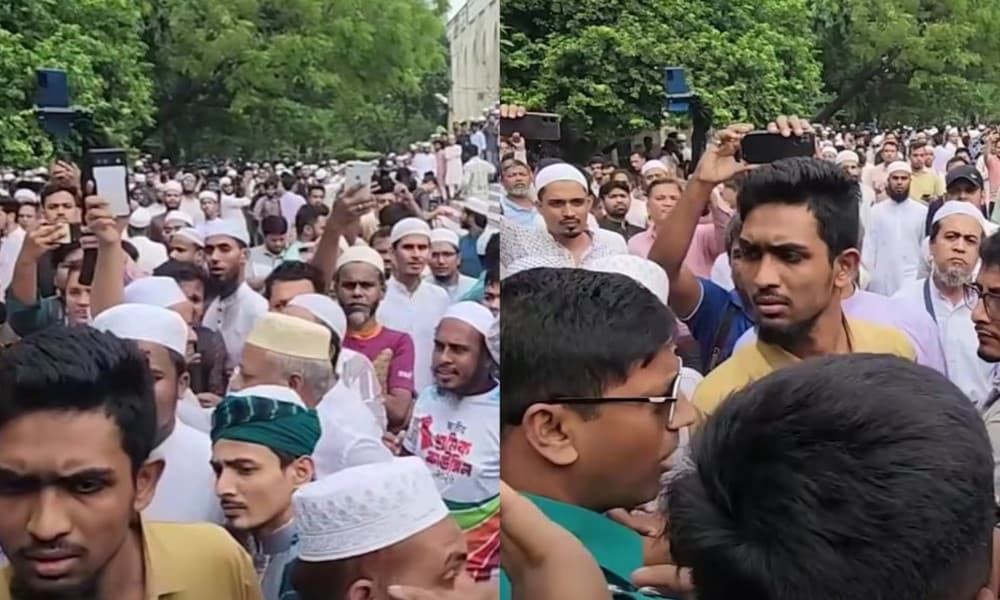 বায়তুল মোকাররমে জামায়াতবিরোধী স্লোগান, মসজিদ প্রাঙ্গণ থেকে বের করে দেওয়া হলো ‘মঞ্চ ২৪’র ফাহিমকে