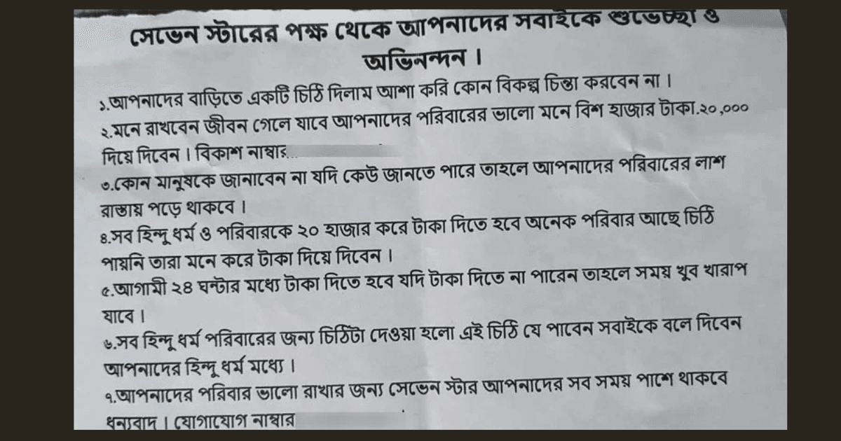 নাটোরে পাঁচ হিন্দু বাড়িতে চাঁদার হুমকি, ২৪ ঘণ্টার মধ্যে টাকা না দিলে হত্যার ভয় দেখিয়ে চিঠি