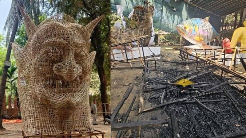 চারুকলায় আগুনে পুড়ে গেল ‘ফ্যাসিবাদের মুখাকৃতি’ ও ‘শান্তির পায়রা’ মোটিফ