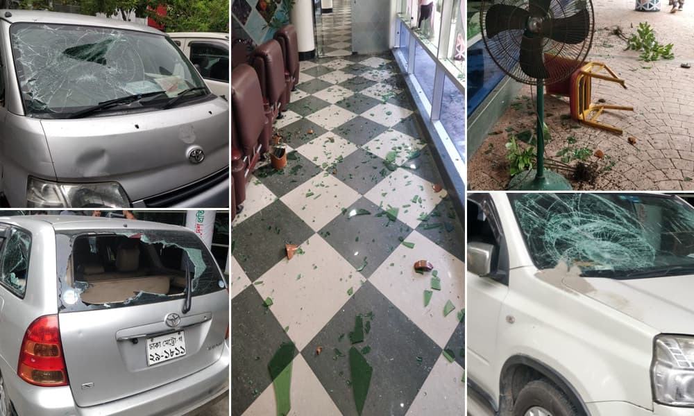 ইস্ট ওয়েস্ট মিডিয়া গ্রুপের অফিসে হামলা চালিয়ে গাড়ি ভাঙচুর করেছে দুর্বৃত্তরা