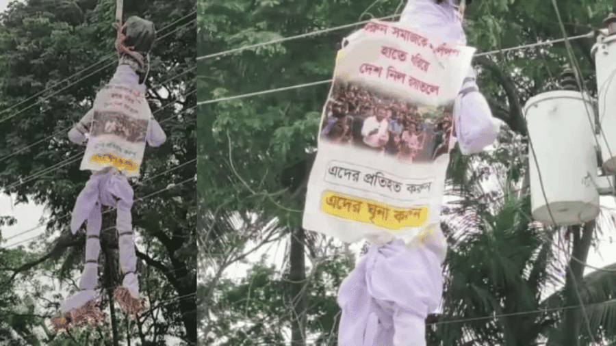 মেহেরপুরে নাহিদ-হাসনাত-সারজিসের ছবিসহ ঝুলানো হল কুশপুত্তলিকা